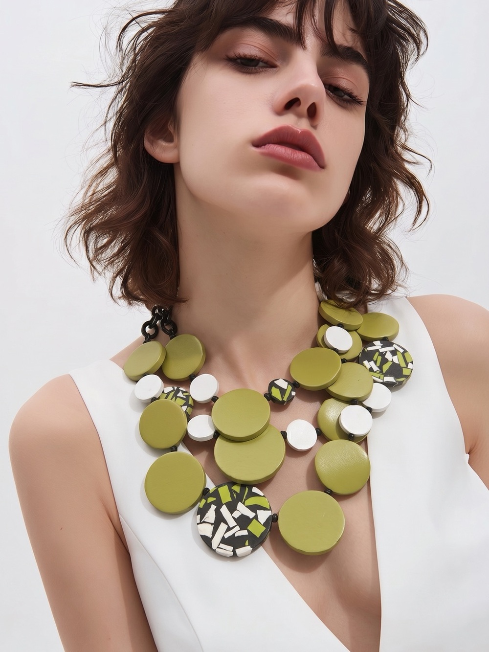 Bold Lime Green & White Modern Art Statement Necklace